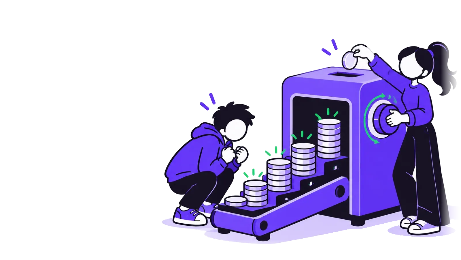 Coins go into a machine and come out as stacks that grow taller.