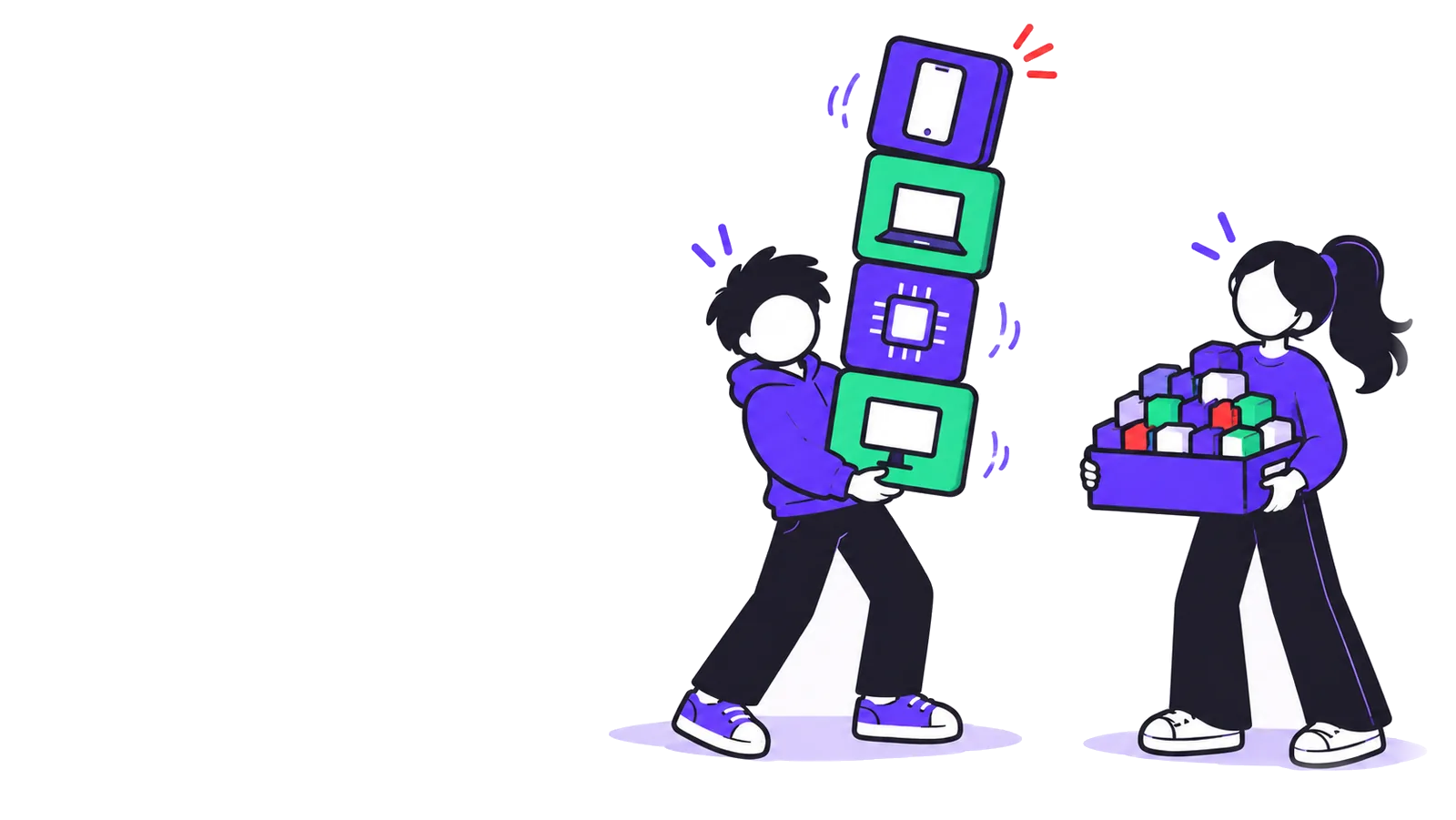 One person carries a tall, wobbling tower of a few big tech blocks; another carries a wide, steady crate of many small blocks.
