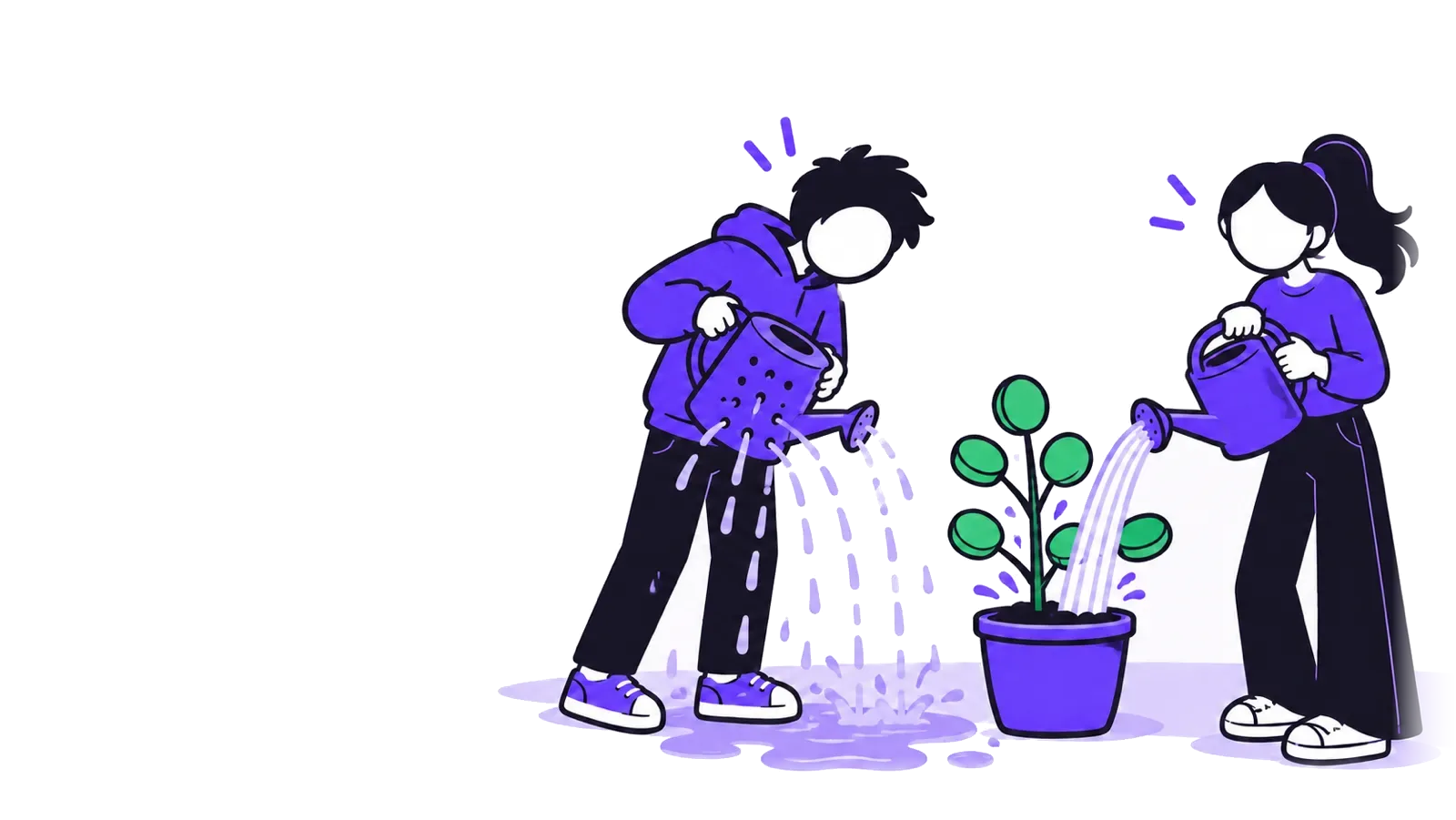 Two people water a plant. His watering can leaks; hers pours a full stream.