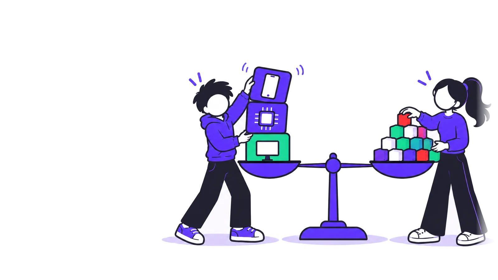 A two-pan scale stays level: one person stacks a few big tech blocks on one side, the other spreads many small blocks on the other.