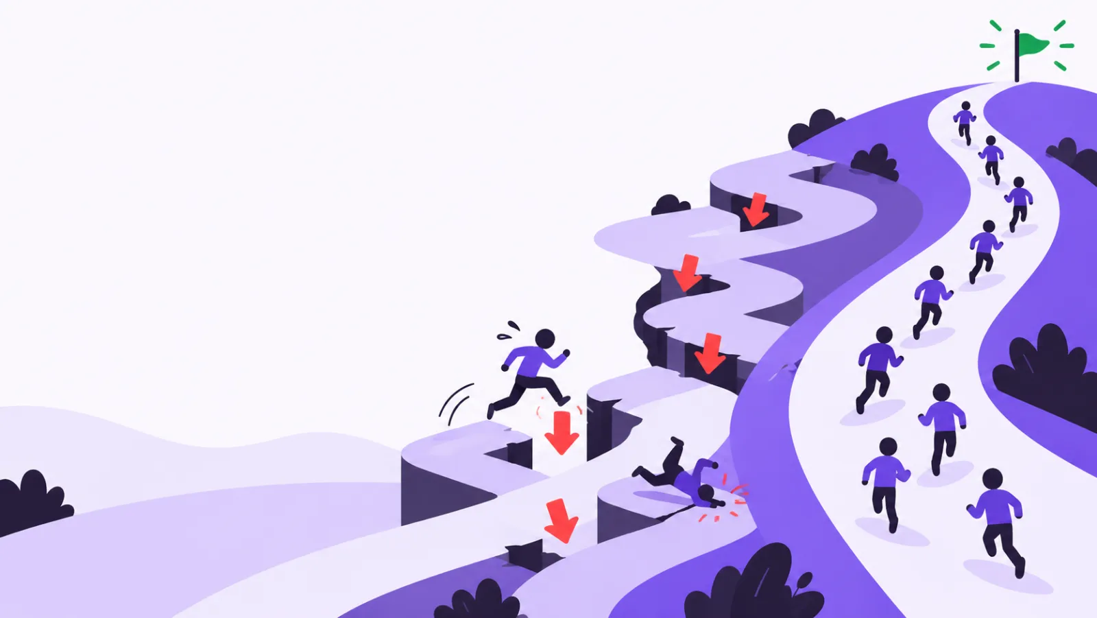 One runner stumbles on broken paths while a group follows a smooth path to a flag.